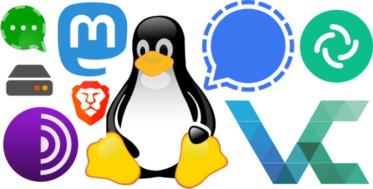 Logos von Linux, Signal, Element, Veracrypt, TOR, Mastodon, Vorta, Brave Browser und Conversations