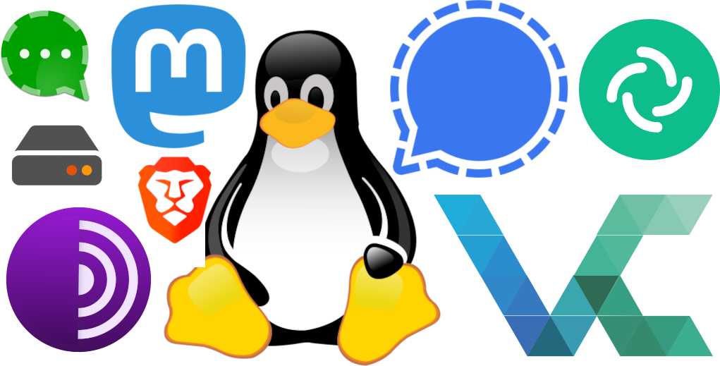 Logos von Linux, Signal, Element, Veracrypt, TOR, Mastodon, Vorta, Brave Browser und Conversations