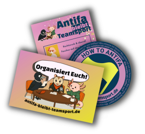 ein Antifa bleibt Teamsport-Flyer und zwei Antifa bleibt Teamsport-Sticker