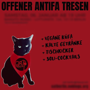 Visitenkartemit schwarzer Katze mit OAT-Berlin-Lätzchen: "Offener Antifa Tresen - vegane Küfa - Kalte Getränke - Tischkicker - Soli-Cocktails"
